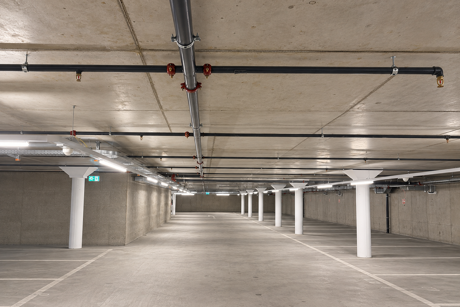 Sprinklerinstallation mit grauen Leitungen und roten Muffen in einer Tiefgarage